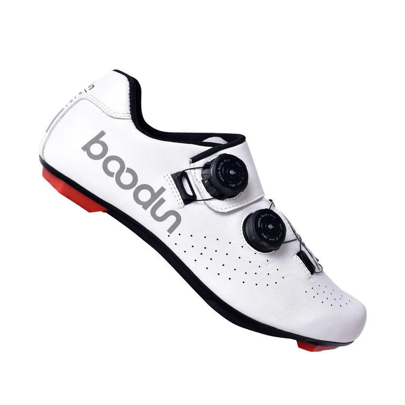Outdoor Cycling Shoes with Cowhide Leather Upper and Carbon Fiber Shock Absorption, Breathable Non-Slip Sweat-Absorbing Design for Road Riding, White, Sizes 39-45