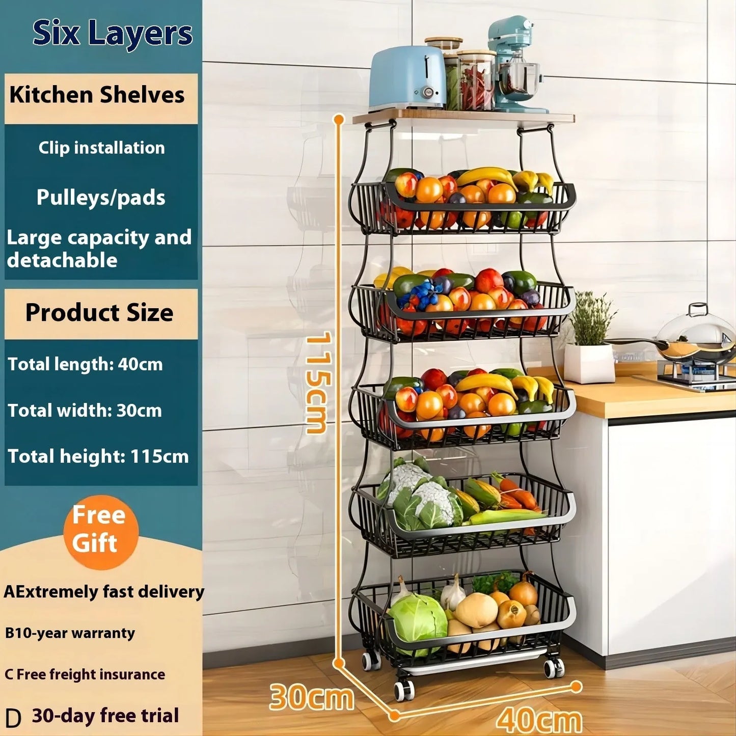 Black kitchen storage trolley with 6 shelves, carbon steel frame, and locking wheels on kitchen floor