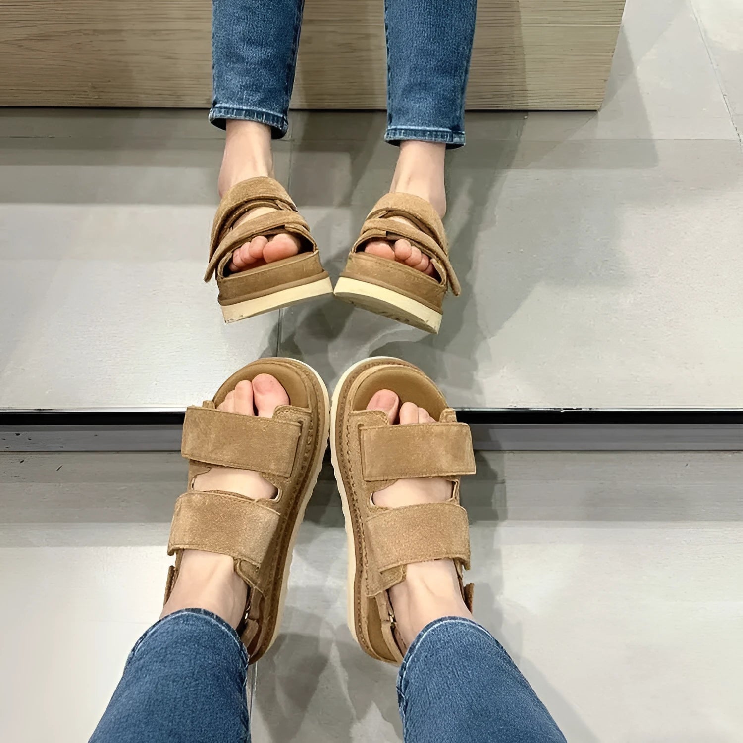 Women's maroon suede peep toe platform sandals with a wide adjustable Velcro strap.