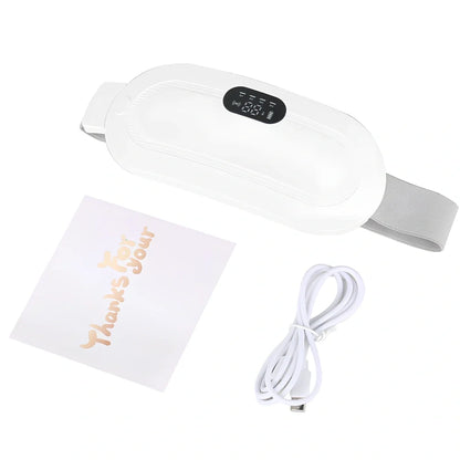 White electric heating belt with lumbar support showing USB connection and control buttons