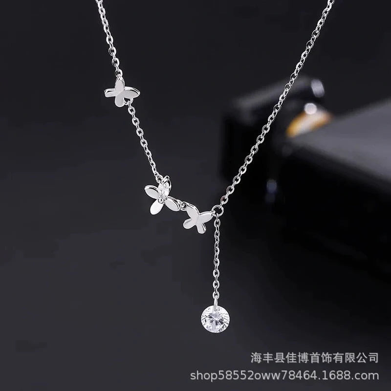 Elegant S925 Sterling Silver Butterfly Anklet with Zircon Stones and Flower Tassel