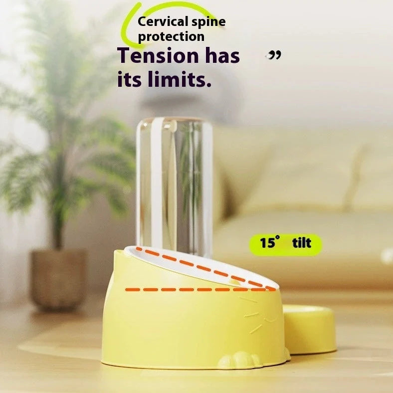 Green automatic cat water basin with two stainless steel bowls on ceramic base