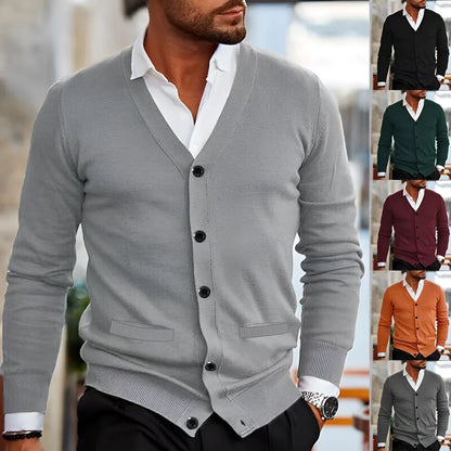 Men's slim fit acrylic cardigan sweater in autumn colours with long sleeves and front button opening