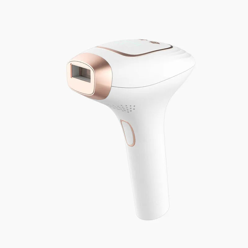 Pink and white laser hair removal device with ice-sensing technology, shaver attachment, and protective glasses