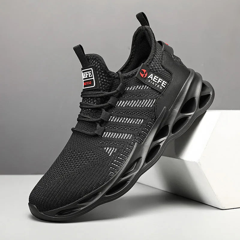 Men's black mesh casual running shoes with cross straps and MD sole