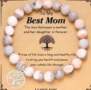 Handcrafted natural stone Tree of Life bracelet with pink zebra design