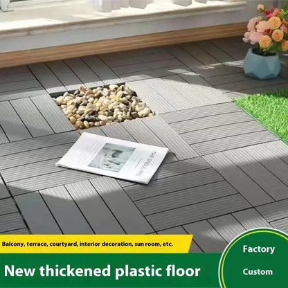 Plastic floor tiles with wood grain pattern showing 300x300mm dimensions and 23mm thickness profile