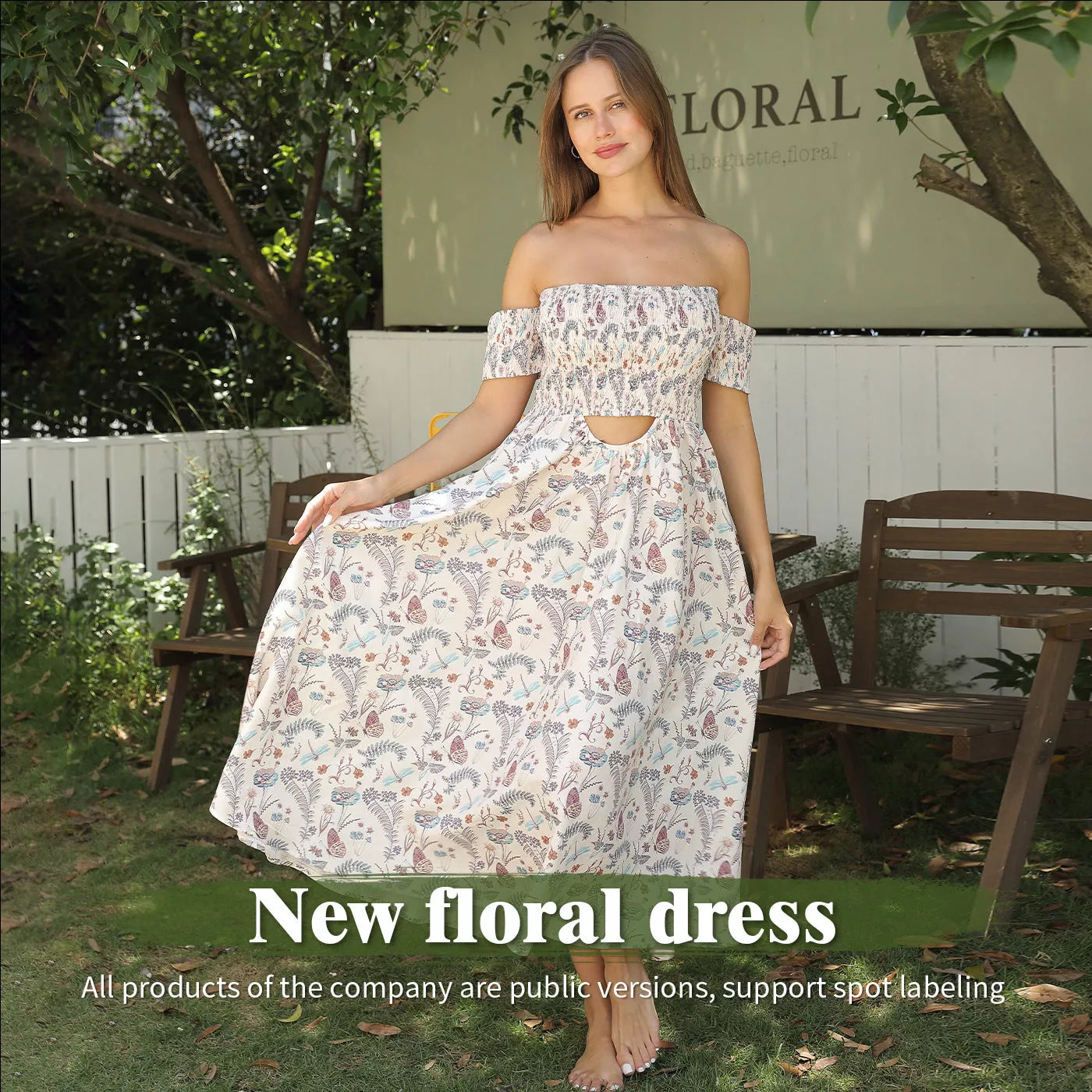 Women's off shoulder strapless floral dress in a lightweight fabric, available in multiple sizes.