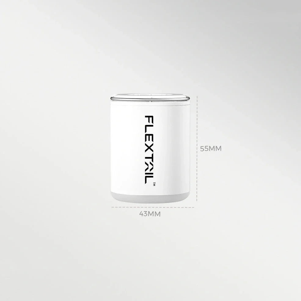 White portable USB camping inflator with 1300mAh battery, 4kPa inflation, 11x10x5cm size