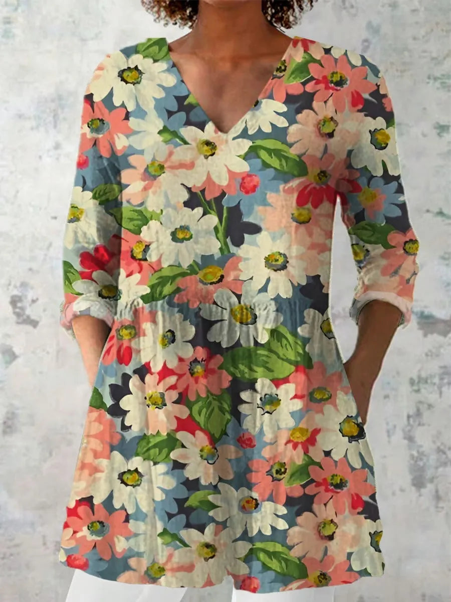 Women's retro slim fit long-sleeved top with digital printed pattern in various colours, showing front view