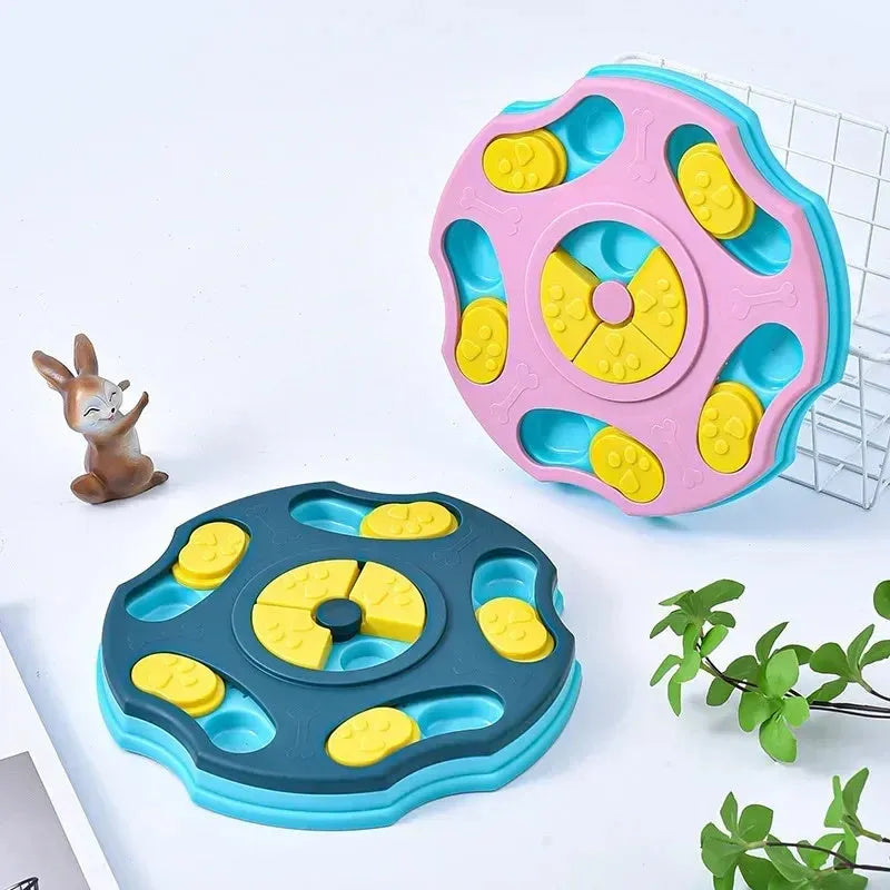 Blue dog puzzle feeder toy with food compartments and interactive searching games