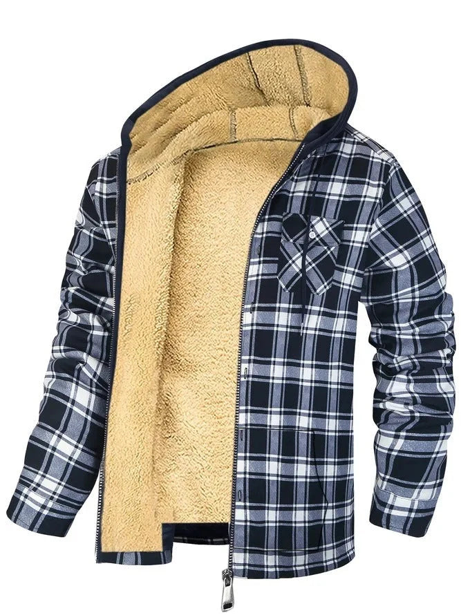 Men's plaid print hooded zip-up jacket with thickened cotton padding for winter warmth