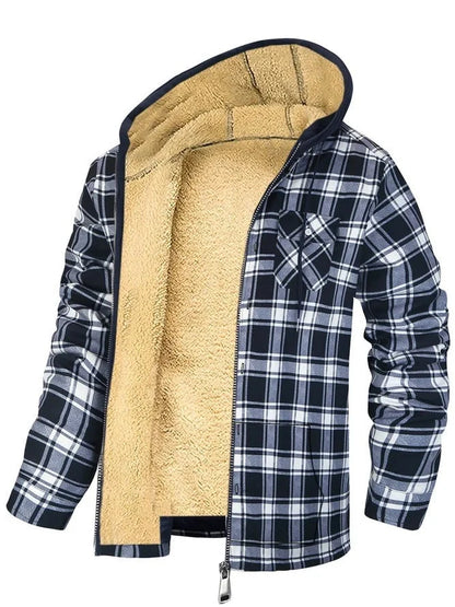 Men's plaid print hooded zip-up jacket with thickened cotton padding for winter warmth