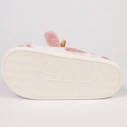 Cartoon cow plush slippers in black, leather red, and brown with non-slip soles