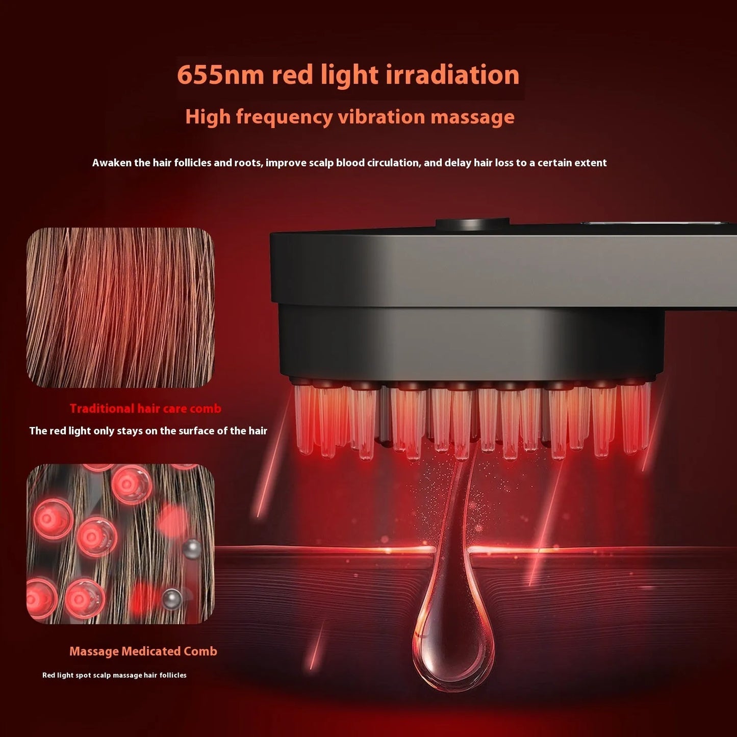 Compact pink and black smart scalp massage comb with red light therapy, shown next to a ruler for scale under 10cm.