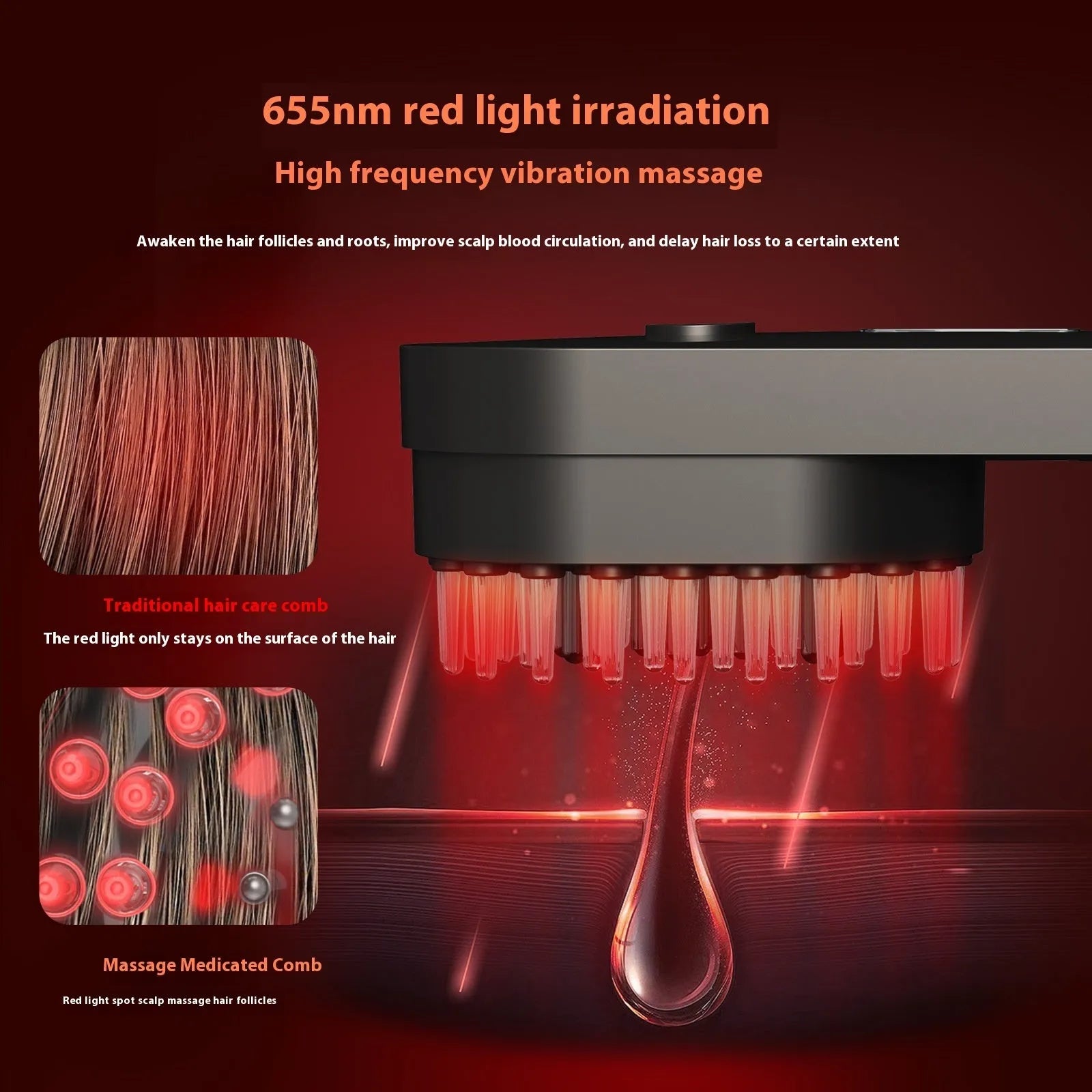 Compact pink and black smart scalp massage comb with red light therapy, shown next to a ruler for scale under 10cm.