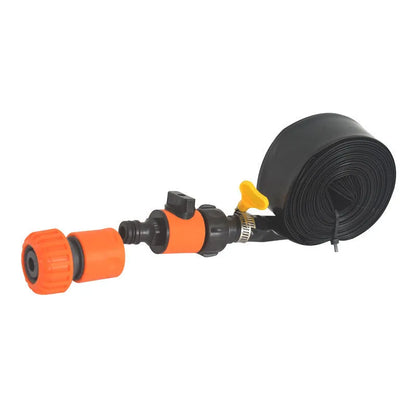Portable plastic garden sprinkler with solar water cooling in blue and orange colours, showing 8m, 12m, 15m length options