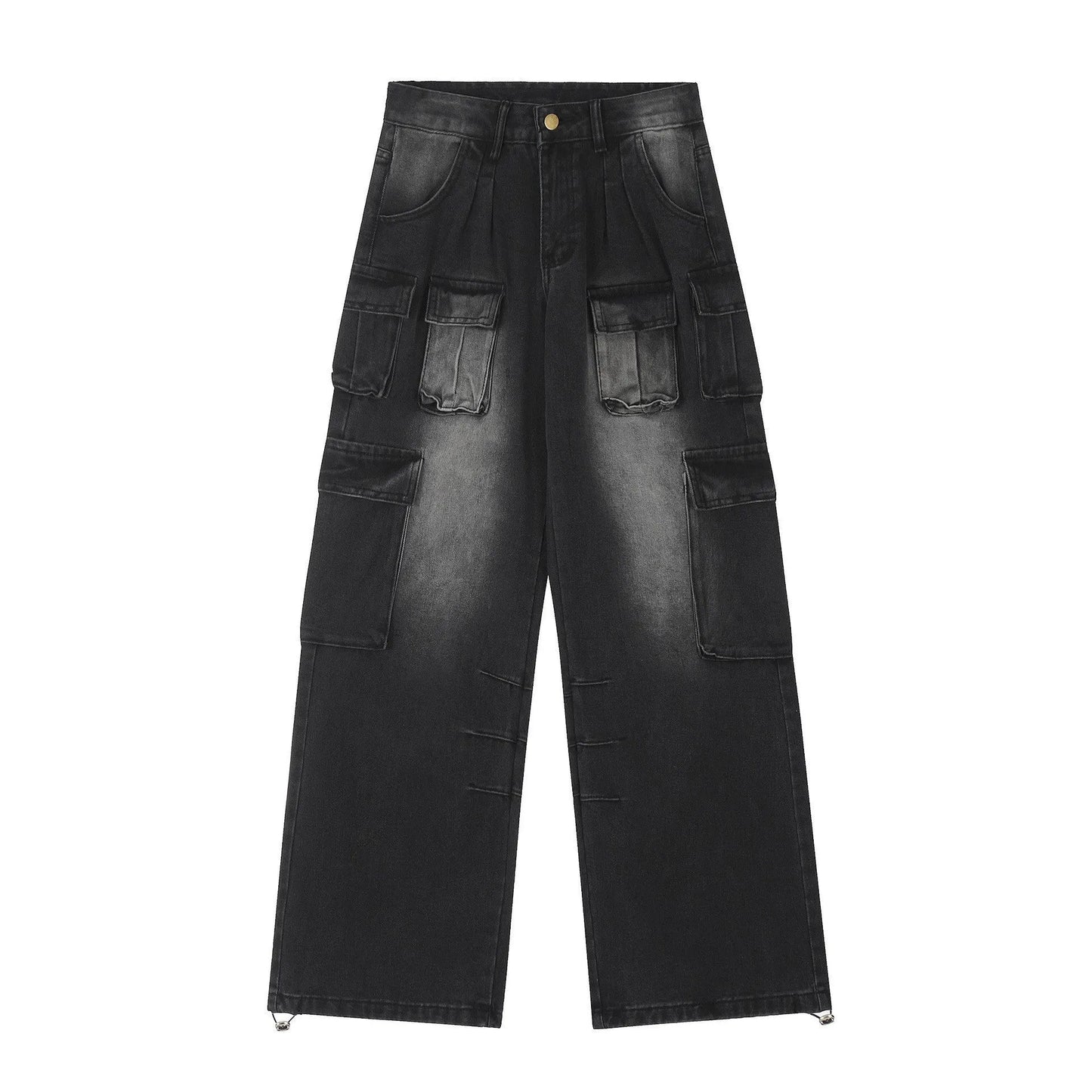 Loose multi-pocket distressed denim pants in light blue and black on a size chart.