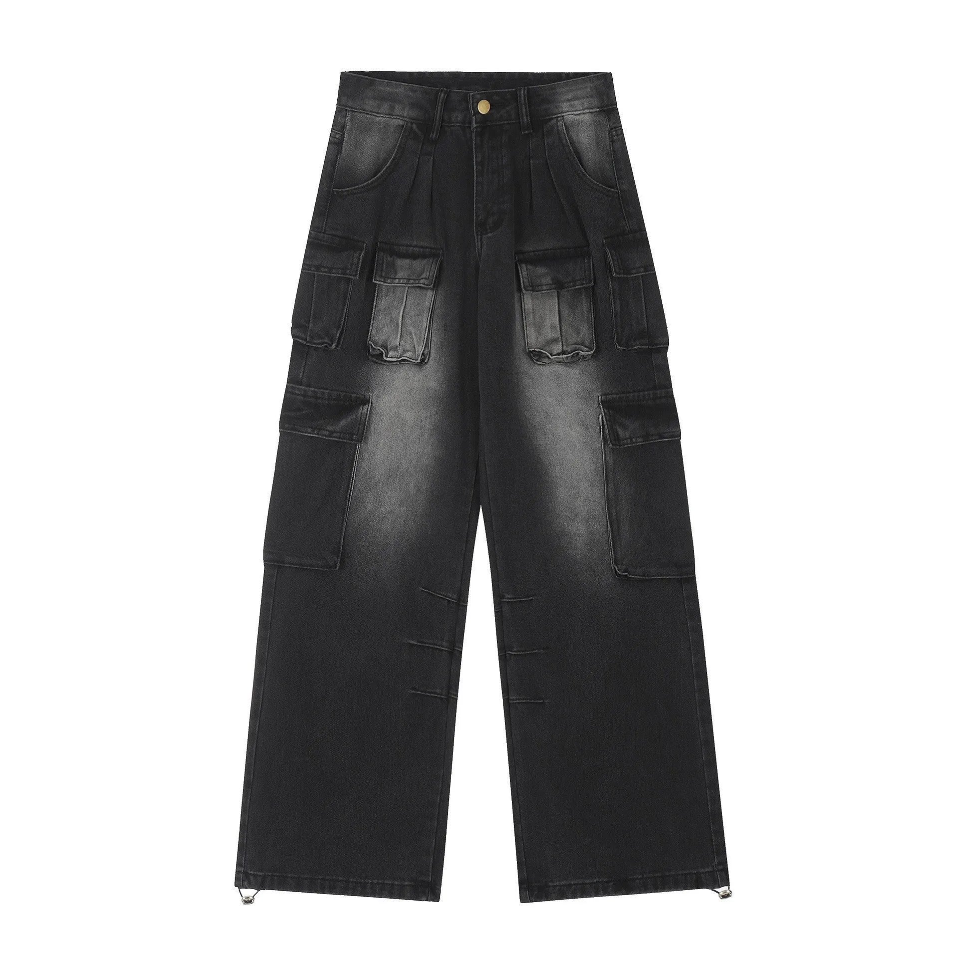 Loose multi-pocket distressed denim pants in light blue and black on a size chart.