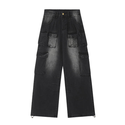 Loose multi-pocket distressed denim pants in light blue and black on a size chart.