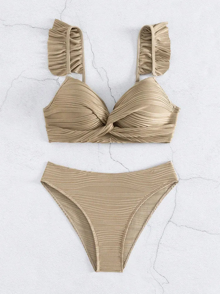 Women's solid colour polyester bikini swimsuit in black or khaki shown as two-piece set