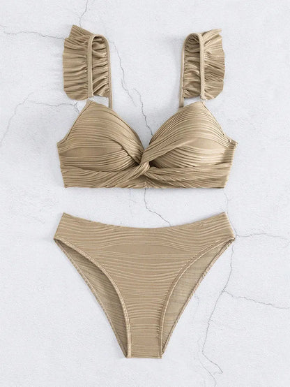 Women's solid colour polyester bikini swimsuit in black or khaki shown as two-piece set