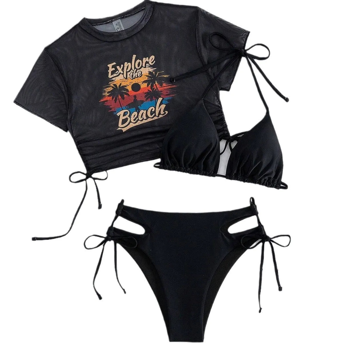 Three-piece women's bikini swimsuit set with short sleeves in black, white, pink, or orange red.
