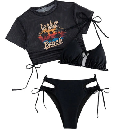 Three-piece women's bikini swimsuit set with short sleeves in black, white, pink, or orange red.