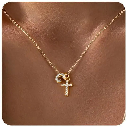 A-Z zircon inlaid letter necklace on a copper regular chain with electroplated finish
