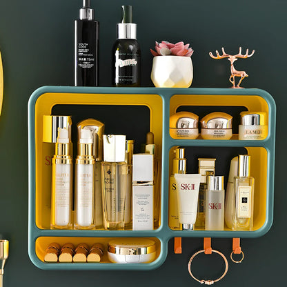 White wall-mounted cosmetics storage shelf measuring 36.2x27.2cm with dust-proof design