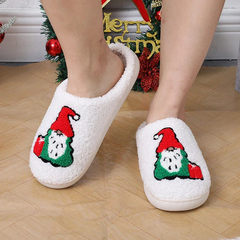 Cozy Santa Claus-themed plush slippers with soft, short-pile fabric and durable TPR soles for indoor wear and holiday cheer