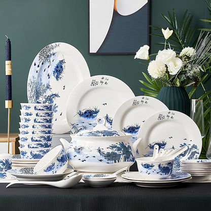 Bone china bowl and saucer set with overglaze rim patterns in Swan Lake design, 28-head configuration