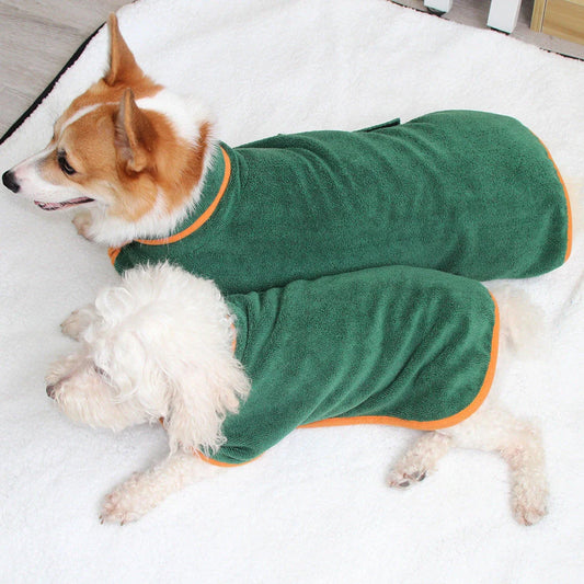 Absorbent dog bathrobe made of soft microfiber material with adjustable waist strap for a custom fit