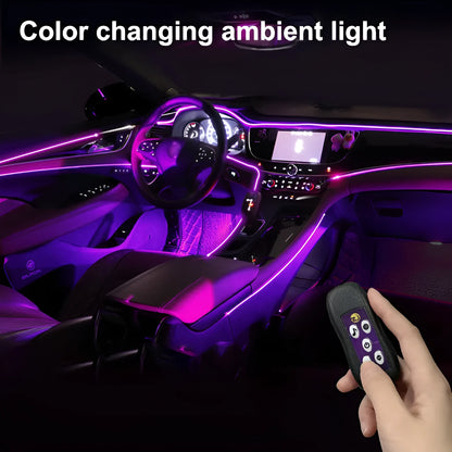 Flexible car LED ambient lighting strip installed on dashboard with USB power cable and colour-changing effects
