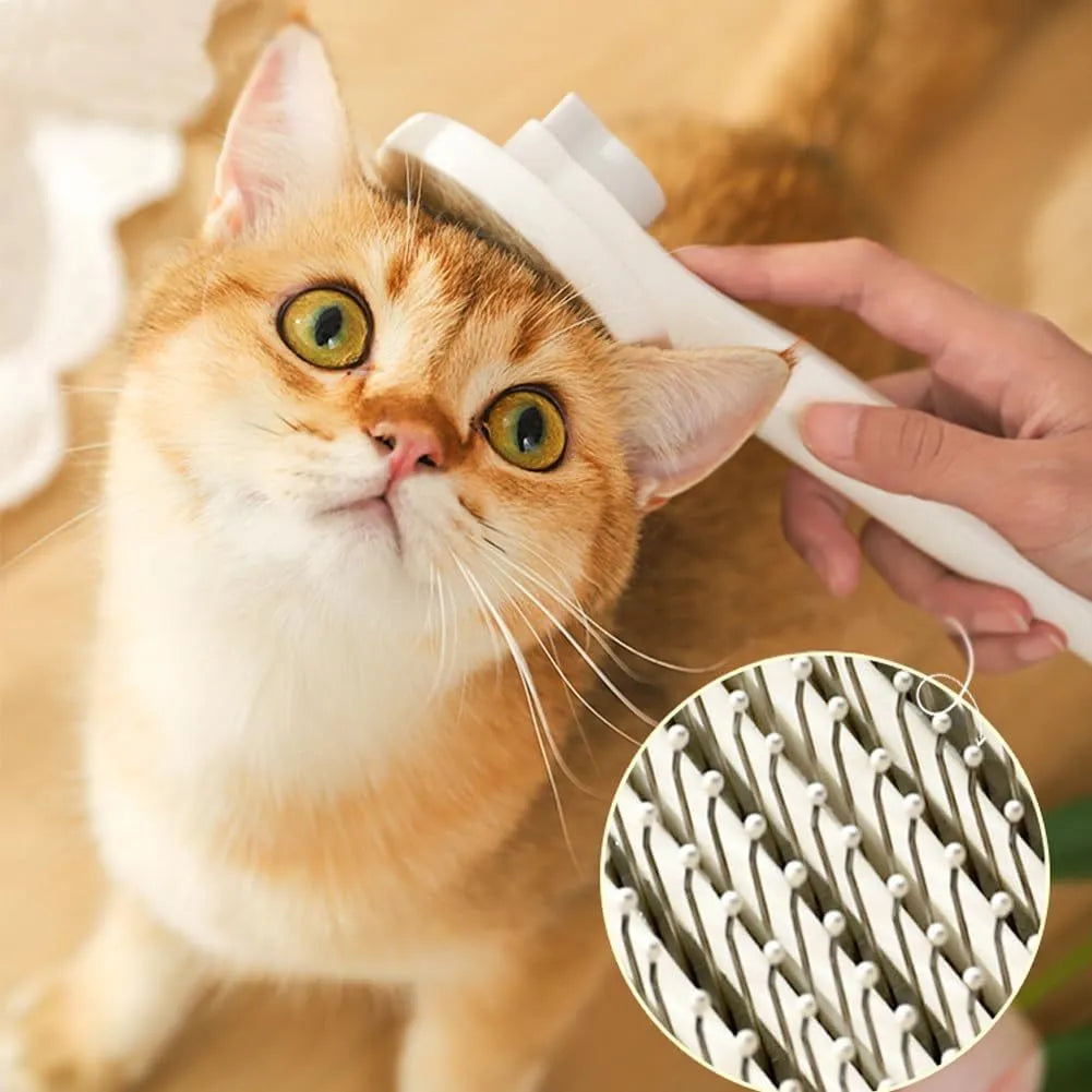 Self-cleaning cat brush with blue handle and metal needles for grooming pets