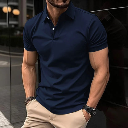 Men's solid colour short sleeve polo shirt with button collar in cotton mix fabric