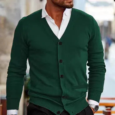 Men's slim fit acrylic cardigan sweater in autumn colours with long sleeves and front button opening