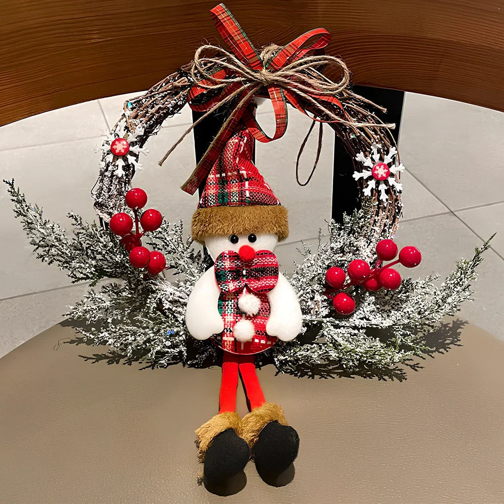 Wooden Christmas rattan ring with Santa Claus bow pendant, 21cm diameter natural decoration