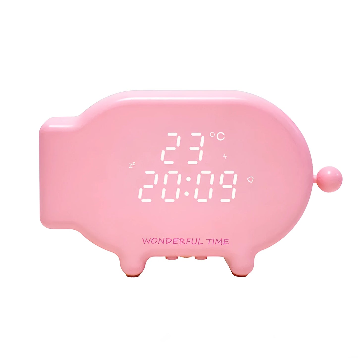 Blue multifunctional LED alarm clock showing time and temperature display with USB cable