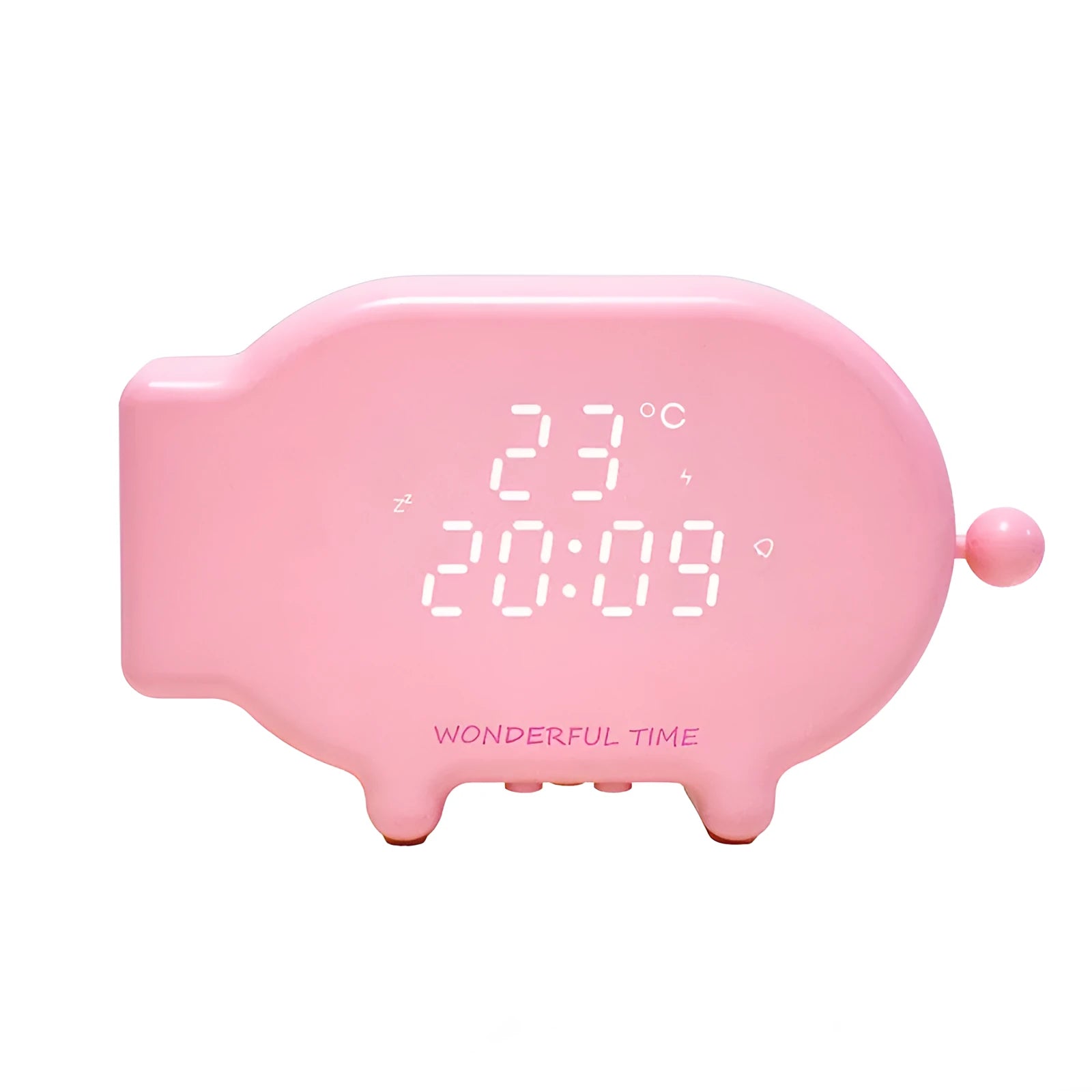 Blue multifunctional LED alarm clock showing time and temperature display with USB cable