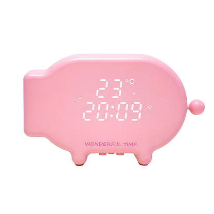 Blue multifunctional LED alarm clock showing time and temperature display with USB cable