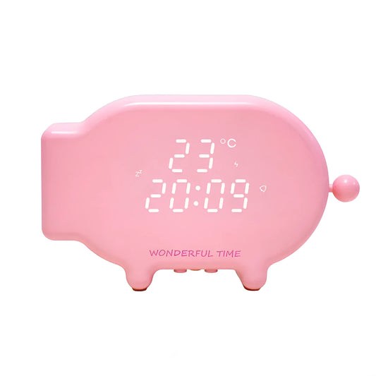 Blue multifunctional LED alarm clock showing time and temperature display with USB cable