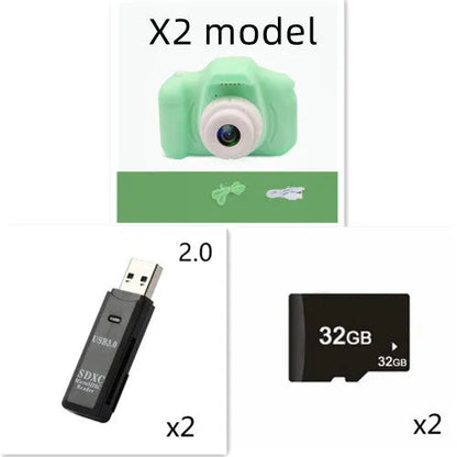 Colourful kids digital camera with silicone case showing 2-inch screen and lens.