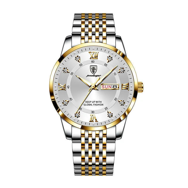 Men's Seiko quartz watch with 43mm round dial, stainless steel strap, 50m water resistance, luminous calendar, sapphire crystal glass