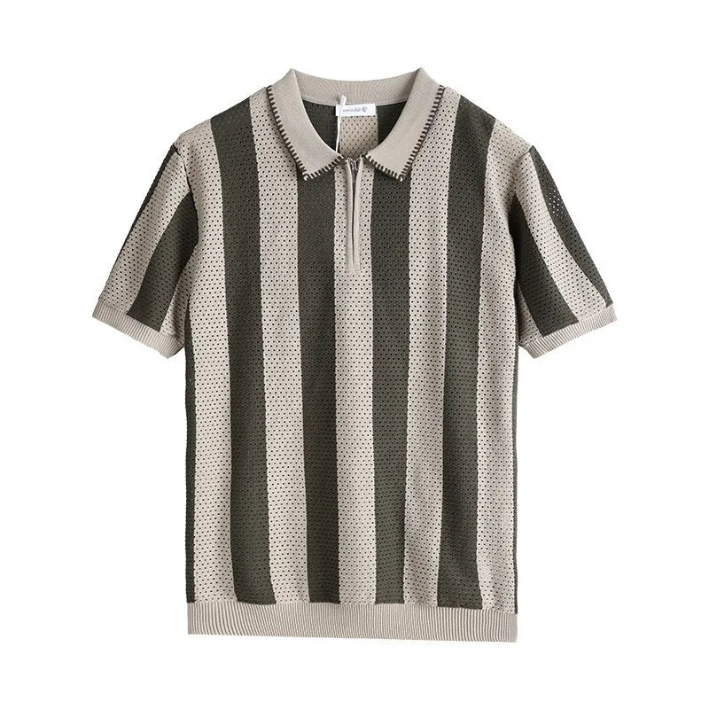 Men's short sleeve ice silk sweater with zipper decoration in striped pattern, available in multiple colours and sizes