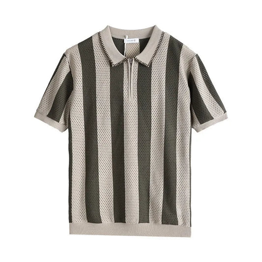 Men's short sleeve ice silk sweater with zipper decoration in striped pattern, available in multiple colours and sizes