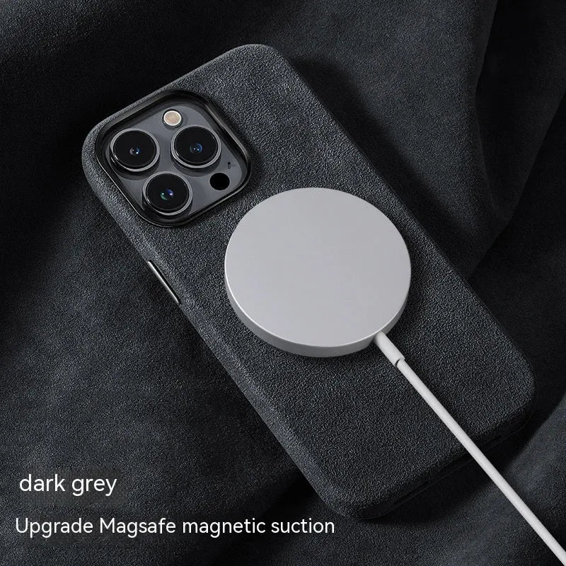 Suede magnetic wireless charger phone case for iPhone with card bag, dark green, back cover