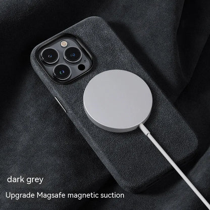 Suede magnetic wireless charger phone case for iPhone with card bag, dark green, back cover