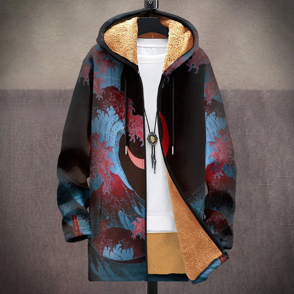 Men's multicolour printed hooded cardigan jacket with front zipper in loose casual fit