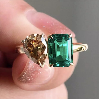 Gold double stone green yellow zircon square ring for women